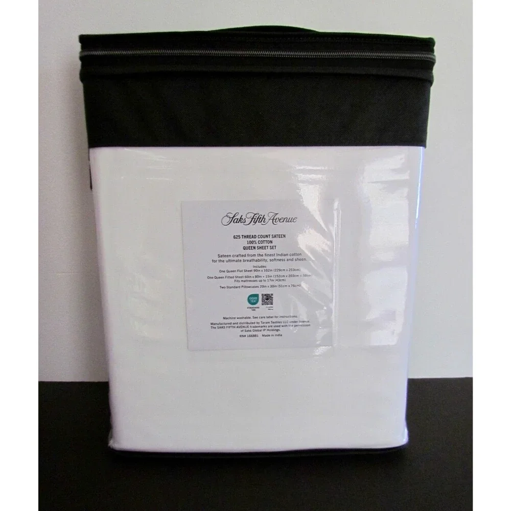 Saks Fifth Avenue Queen 100% Cotton Sateen Sheet Set White 625 TC New